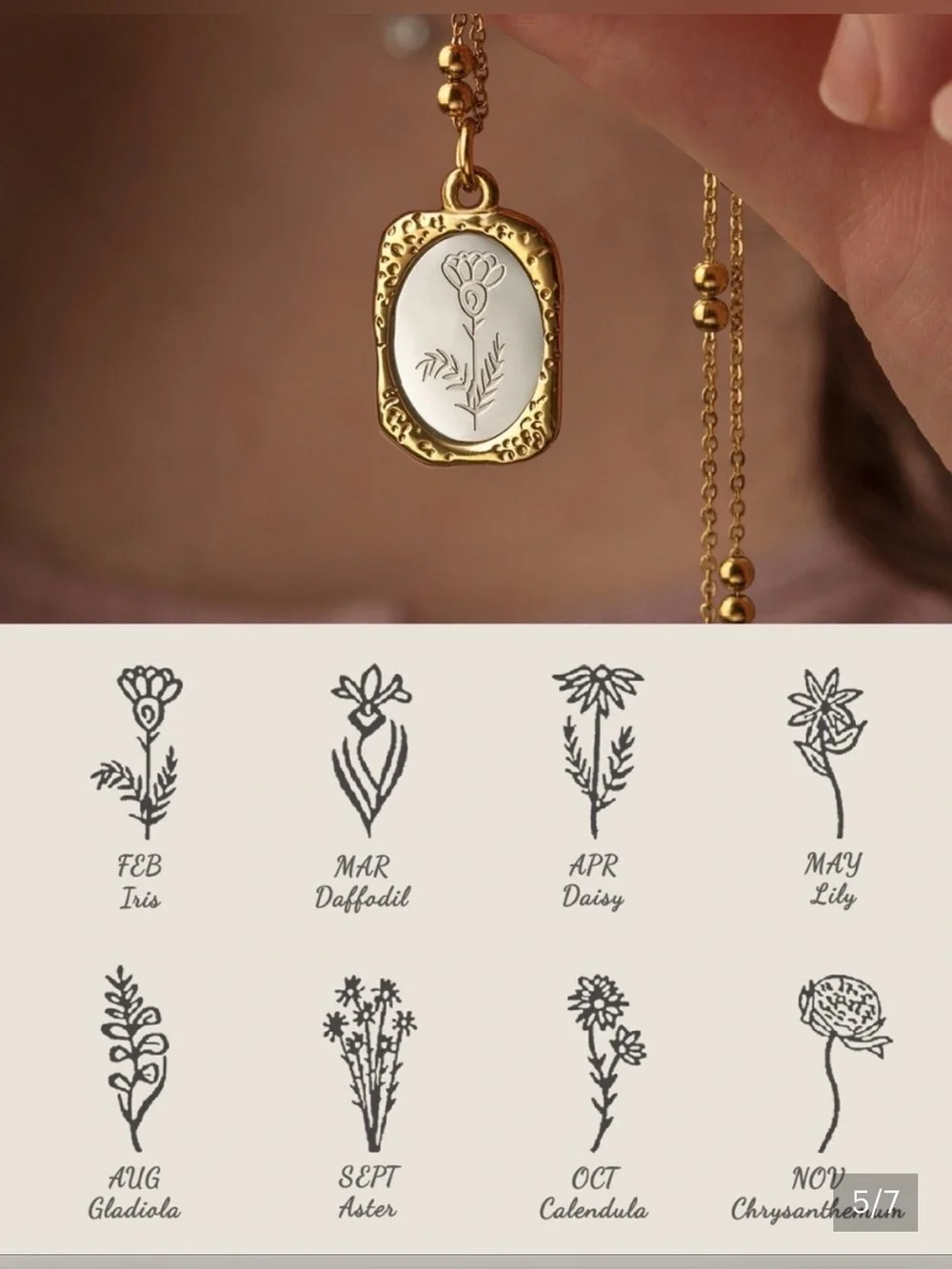 Plunder Birth Month Flower Gold Pendant  Necklace with Beaded Chain